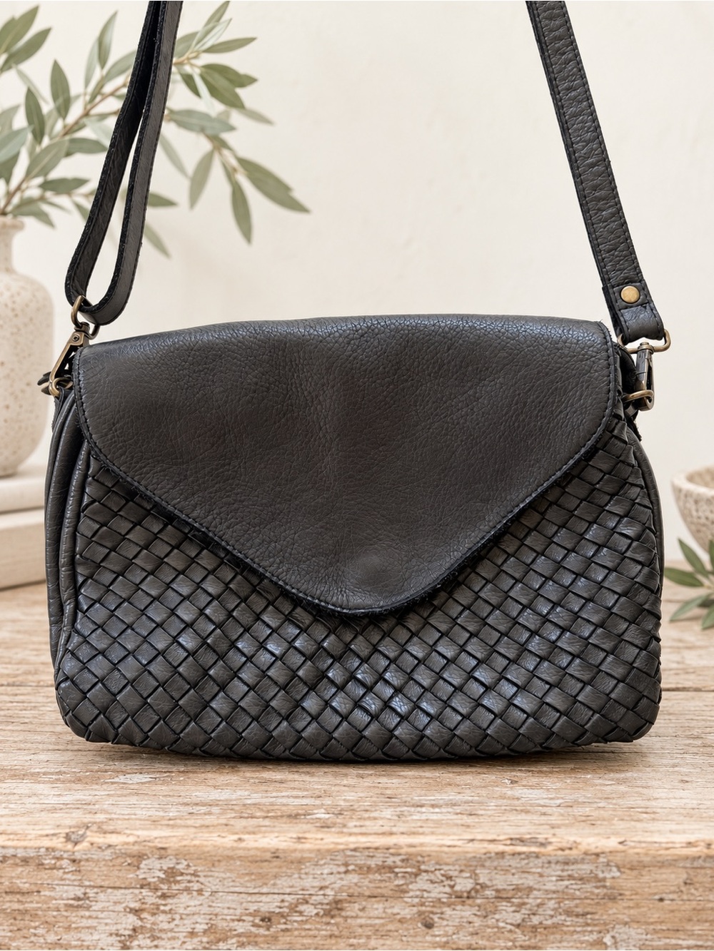 Milo Genuine Leather Black Woven Crossbody Shoulder Bag Made in Canada